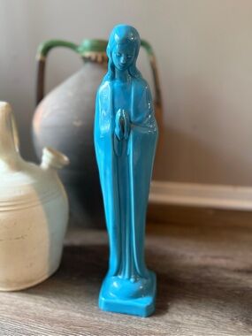 vintage MCM glossy blue ceramic statue of the Virgin Mary